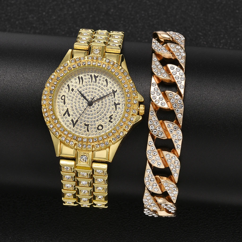 

Gold Luxury 2PCS/Set Female 2022 Rhinestone Watches Women Crystal Quartz Bracelet Watches Dress New Wristwatch Clock Relogios