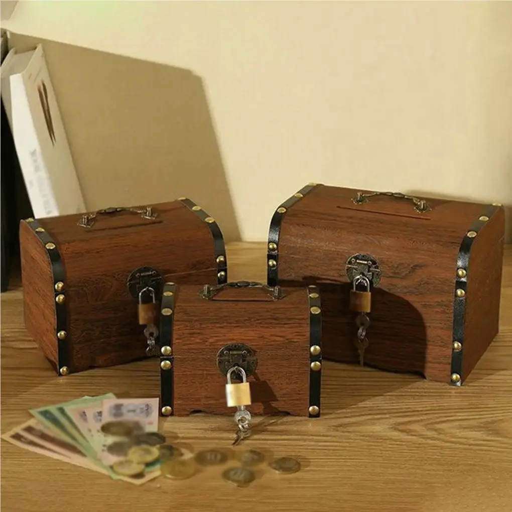 Cofre del tesoro vintage de madera hucha para monedas joyas_voghion.com