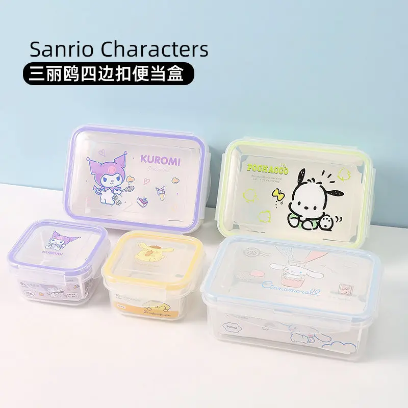 

Anime Sanrio Kuromi Pompom Puri Four Sided Buckle Plastic Bento Box Sealed Lunch Box Cinnamoroll Cute Fresh-Keeping Box Gifts