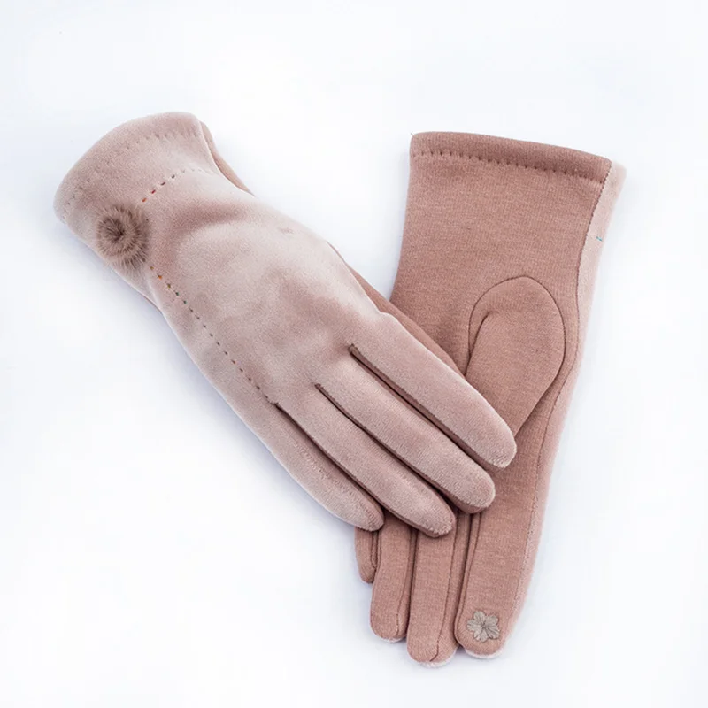 

Women Autumn Winter Suede Leather Hairball Warm Driving Mitten Female Embroidery Flowers Touch Screen Sport Cycling Glove O94