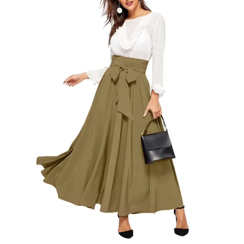 Women Maxi Skirt Lace-up High Waist A-line Big Swing Wide Band Pleated Ankle Length OL Commute Style Loose Spring Summer Skirts girls high heel shoes chunky heeled ankle strap sweet square heel woman high heels pumps platform shoes 2022 spring woman shoes