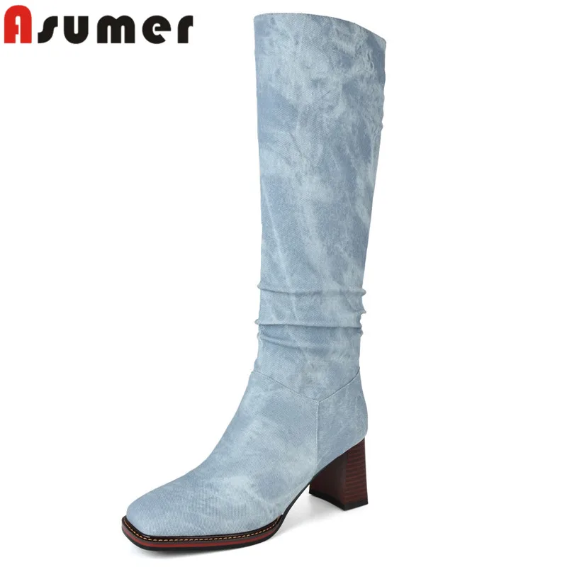 

ASUMER 2024 Size 33-43 New Denim Pleated Knee High Boots Square High Heels Boots Ladies Square Toe Zipper Winter Boots