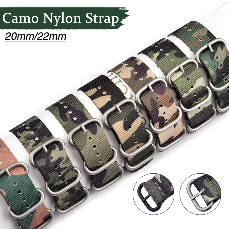 Camouflage Nylon Watch Band with Stainless Steel Ring Buckle, Men's Military Style, Adjustable