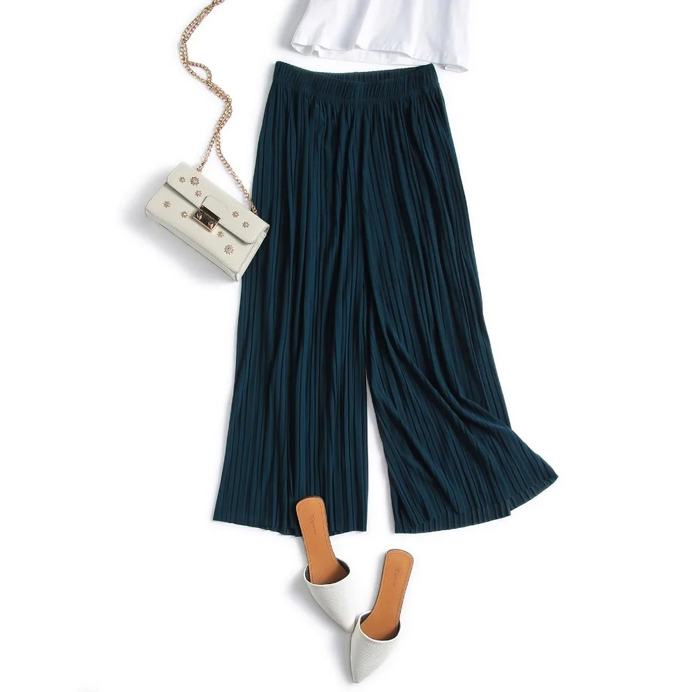 2023 Women Ladies Pleated Wide Leg Pants Summer Casual Loose Solid Chiffon Trousers Stretch Waist Boho Pants OL Pantalon Capris 4cm elastic stretch pp grass woven belt for women love buckle waist strap sweet ladies summer boho decor dress jeans waistband