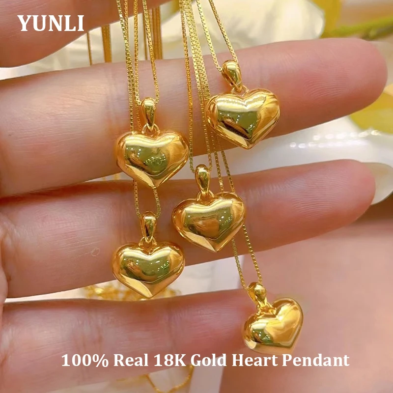 YUNLI Real 18K Gold Heart Pendant Necklace Luxury Heart Design Genuine Pure  AU750 Chain for Women Fine Jewelry Birthday Gift