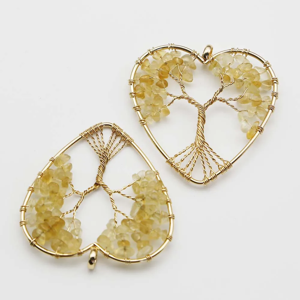 Natural Stone Topaz Life Tree Heart Pendants Women's Earrings Necklace Production Charm Reiki Jewelry Accessories Wholesale 6Pcs
