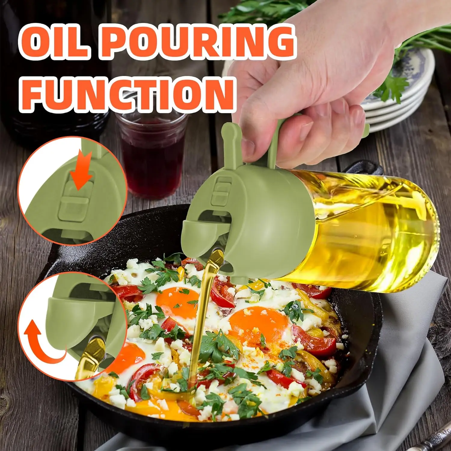 2 In 1 Glass Oil Spray Bottle with Pour Spout Nozzle Olive Dispenser for Camping BBQ Air Fryer Salad Steak Kitchen
