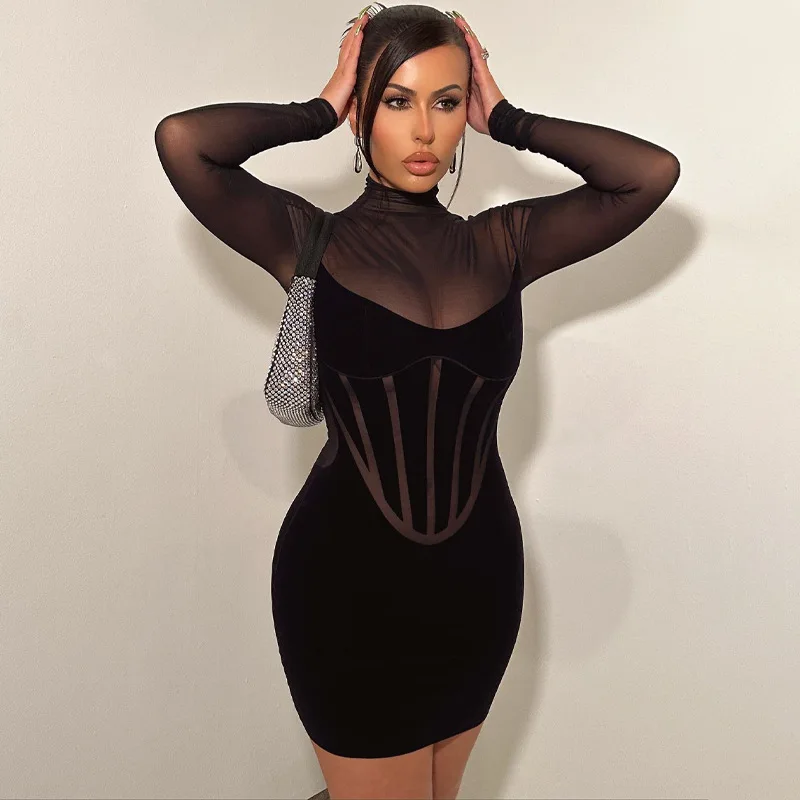 

Sexy Patchwork Mesh Dress Chic Women Long Sleeve Bodycon Mini Dress Lady Club Dress Party