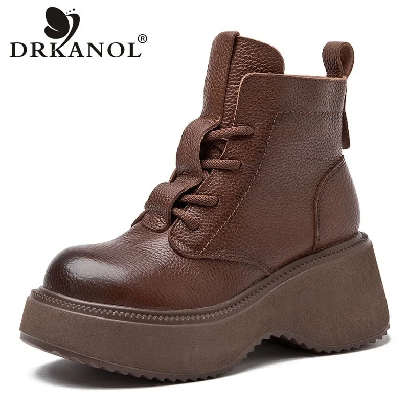 

DRKANOL Handmade Retro Real Cow Leather Ankle Hoots For Women Platform Wedges Heel 7cm Wide Head Casual Plush Warm Short Boots