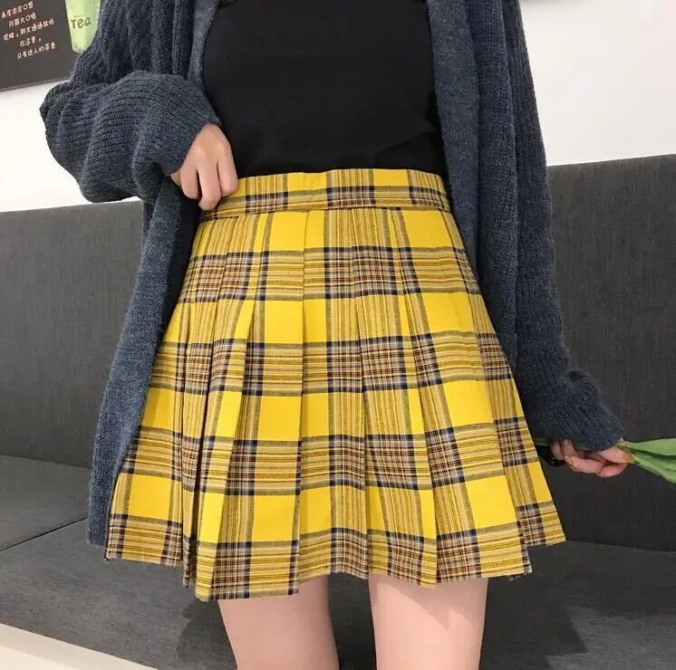 New Women Fashion Street Style Plus Size Vintage High Waist Yellow Mini Plaid Pleated Skirt A-Line Short Skirt With LiningXS-5XL black tennis skirt