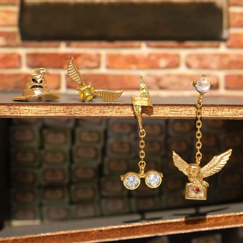 4pcs/set Back to Hogwarts Cartoon Stud Earrings Gold Color Plated Cubic Zircon Stone Women Jewelry 3