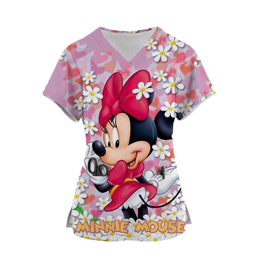 

Women Nurse Uniform Disney Mickey Mouse Print Tops V-Neck Pocket Medical Uniforms Minnie Nursing Scrubs Tops Hospital Uniforme