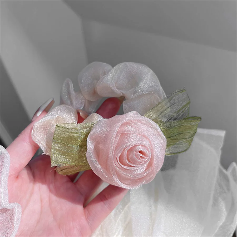 Rose Flower Yarn Hair Ties Pink Beige Elastic Hair Bands For Women Girls Sweet Hair Rope Fashion Hair Accessories Ins 헤어밴드 imprint butterfly flower leather wallet casing for xiaomi redmi note 8 pro pink