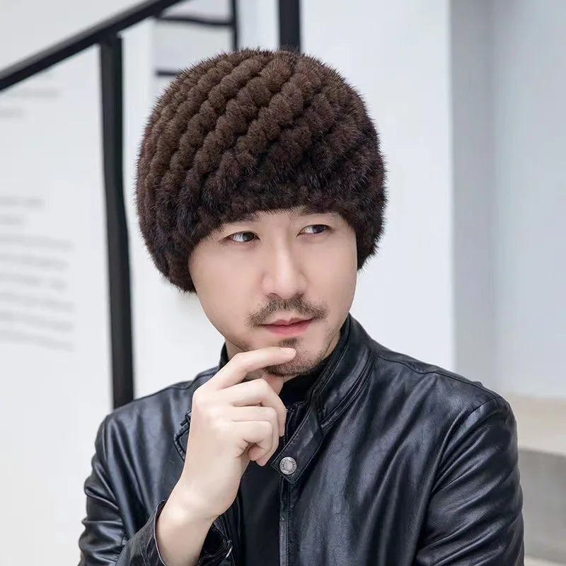 Winter Men Mink Fur Hats Natural Real Fur Knitted Cap Fashionable
