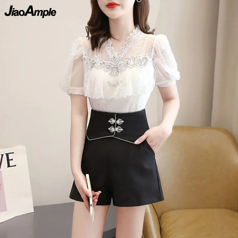Women's Summer Fashion Lace Tops Wide Leg Shorts Two Pieces Korean Elegant V-Ncek Blouse Shirts High Waist Black Pants Suits