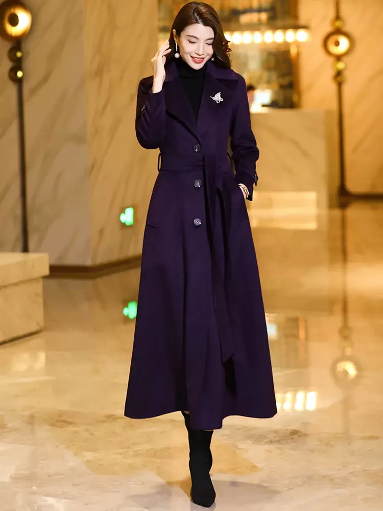 New Women Dark Purple Woolen Overcoat Autumn Winter Fashion Elegant Suit Collar Single Breasted Lace-up Wool Blended Long Coat