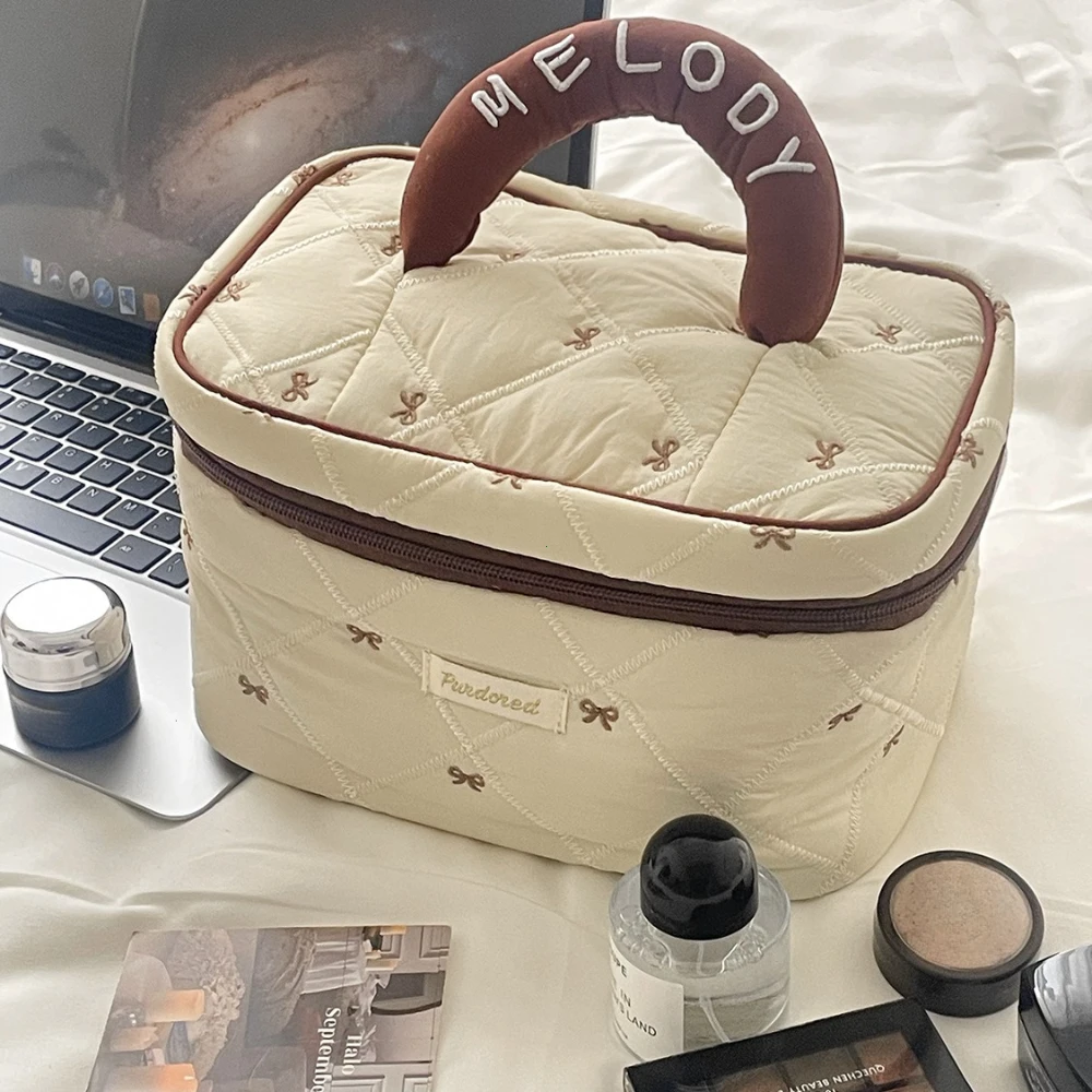 Fashion Brown Bow Cake Women Makeup Zipper Bag Large Capacity Tote Organizer Toiletry Cosmetic Pouch Ladies Make Up Handbag 2026