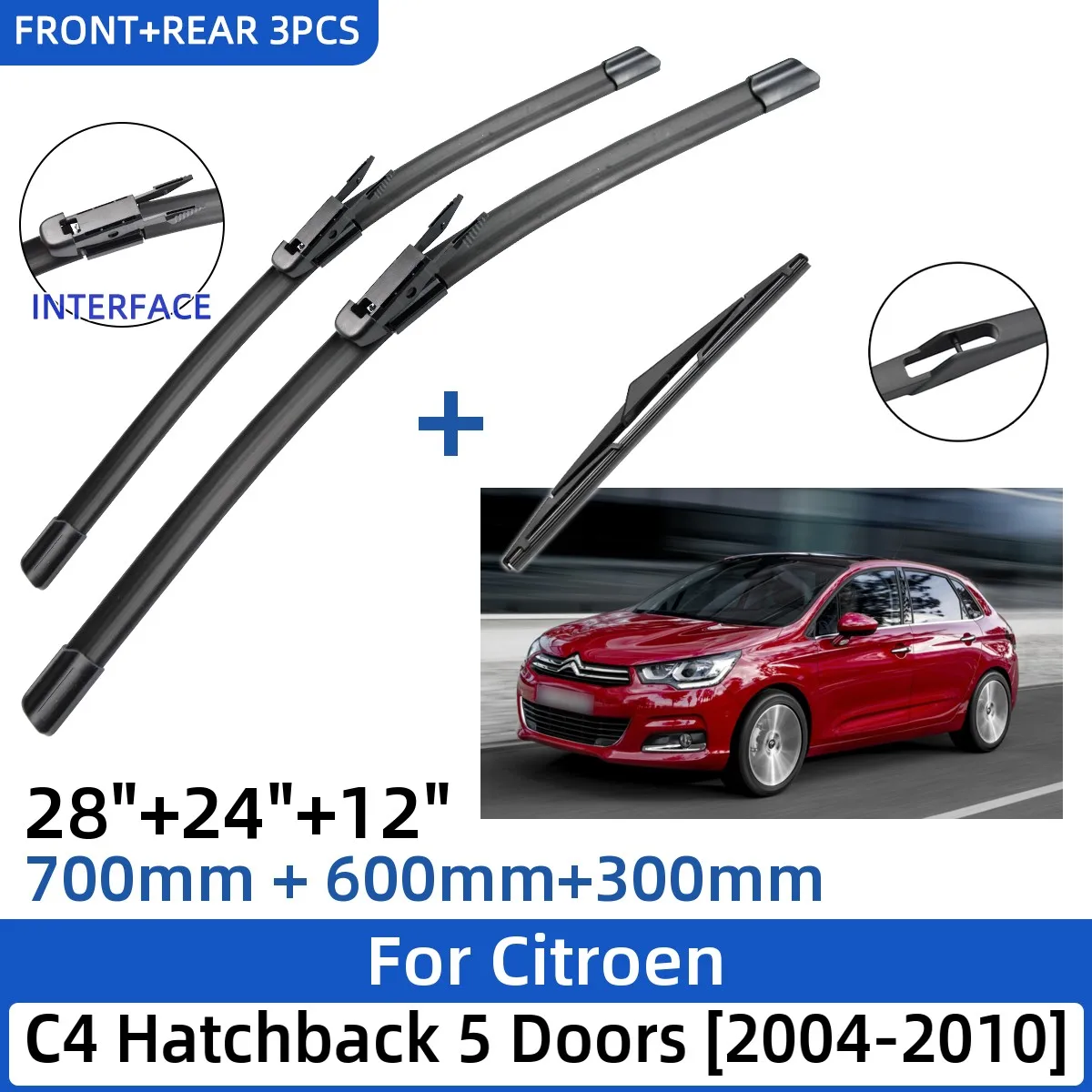 

Щетки стеклоочистителя для Citroen C4 Hatchback, 5 дверей, 2004-2010 дюйма, 28 + 24 + 12 дюймов, 3 шт.