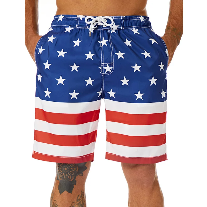 Colorful Stripe Pattern Beach Shorts For Men USA Flag 3D Print Swim Trunks Summer Surf Board Shorts Loose Short Pants Streetwear 3