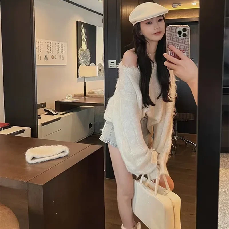 Autumn and Winter Fashion New Ripped Street Women's Long-sleeved Sweater V-neck Elegant Knitwear Solid Color Blouse