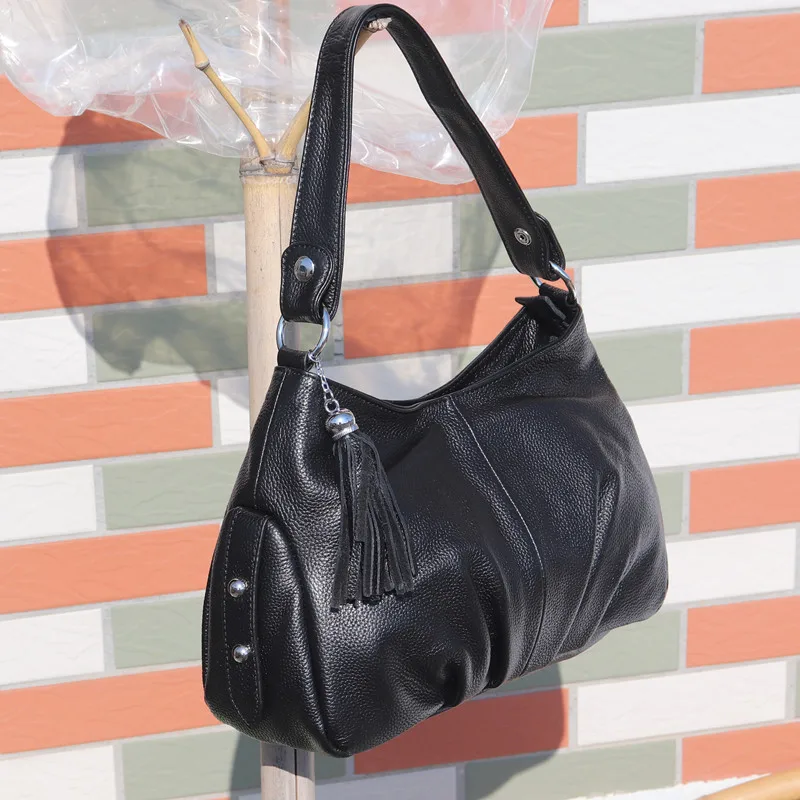 Casual Designer Women's Genuine Leather Tassel Handbags Lady Shoulder Bag Soft Cowhide Satchel Black Messenger Crossbody Purse