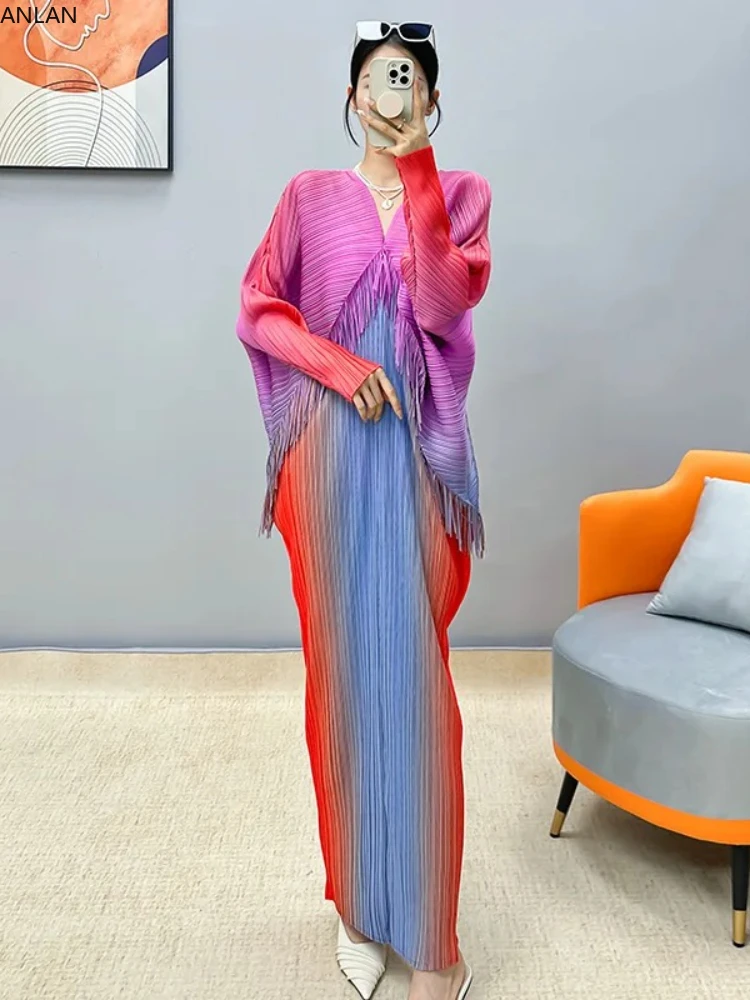 

ANLAN 2024 Spring New Pleated Spliced Tassel Dress For Women Gradient Color V Neck Batwing Sleeve Elegant Loose Clothing 5KK1472