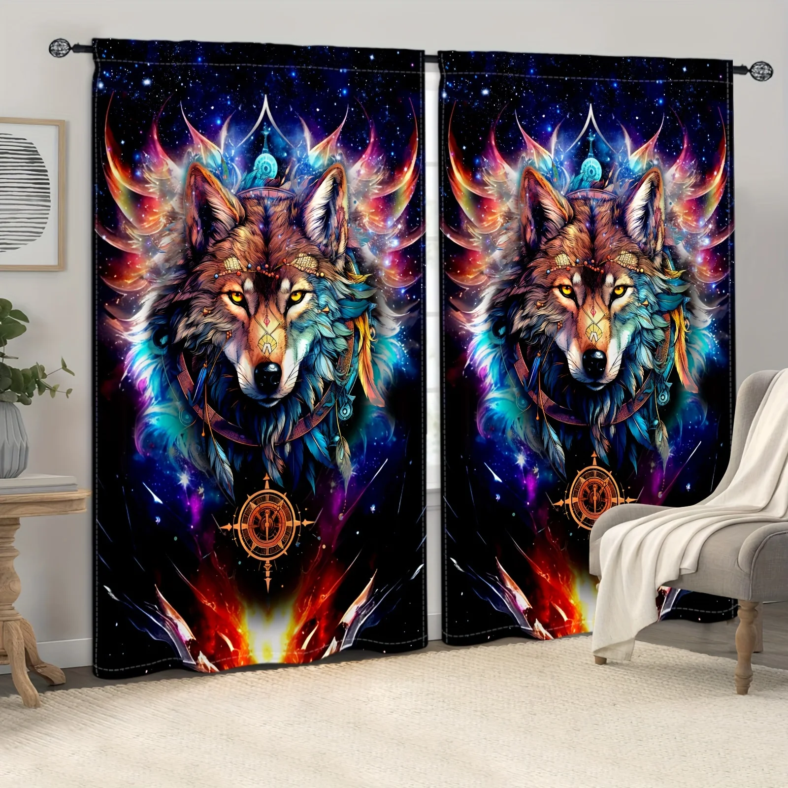 

2pcs Novelty Dreamcatcher Animal Wolf Polyester Fiber Curtain Fashion Printing Iron Buckle Multifunctional Curtains For Bedroom
