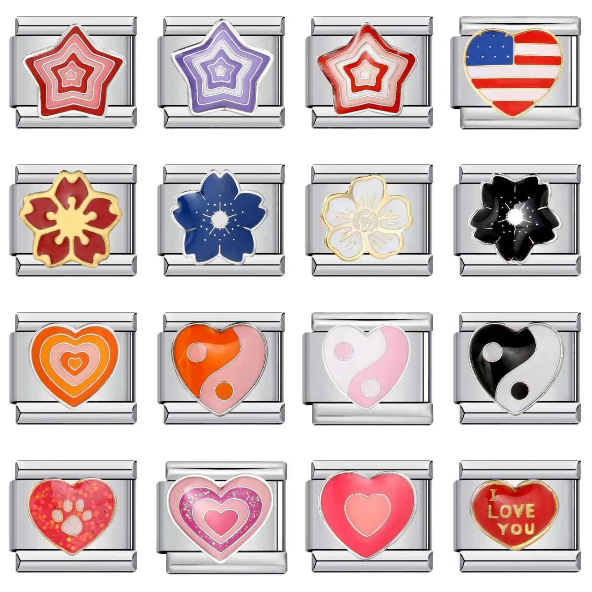 Bunte romantische Y2k süße Herz Stern Tai Chi Blume italienische Charm Links passen 9mm Edelstahl Armband Schmuck DIY machen – Detail 1