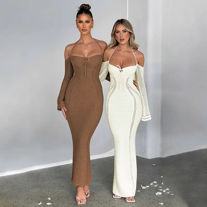 

Sexy Hollow Out Knitted Maxi Dress Long Sleeve Halter Backless Long Dress Elegant Party Dresses For Women 2023