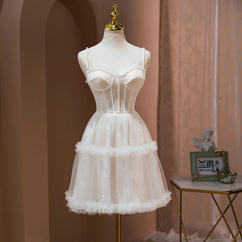 

Evening Dress Strapless Elegant Pearls Appliques Knee Length Spaghetti Strap Lace Up A-Line Plus Size Women party Dresses B2469