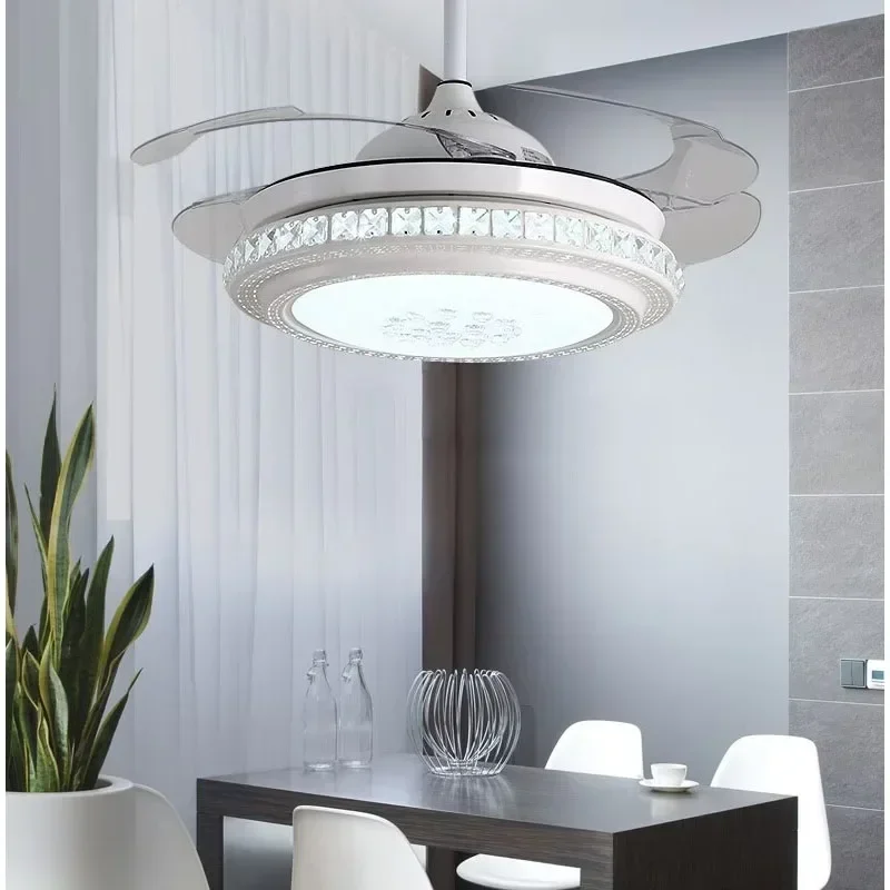 Invisible Ceiling Fan With Light Living Room Dining Bedroom Remote Control DC Motor 6 Speeds Crystal Chandeliers Ceiling Fans