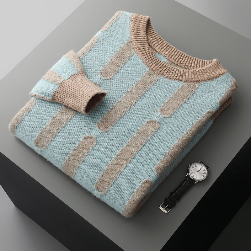 Autumn and winter men's 100% merino wool loose O-neck color matching striped pullover sweater casual cashmere knitted bottoming 2