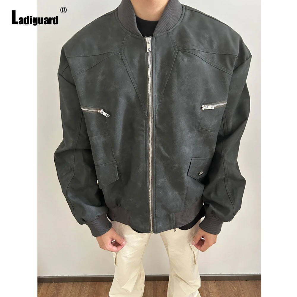

Ladiguard 2024 New Pu Jackets Black Soft Faux Leather Outerwear Men Fashion Zip Up Coats Kpop Moto&Biker Jacket Men's Overcoats