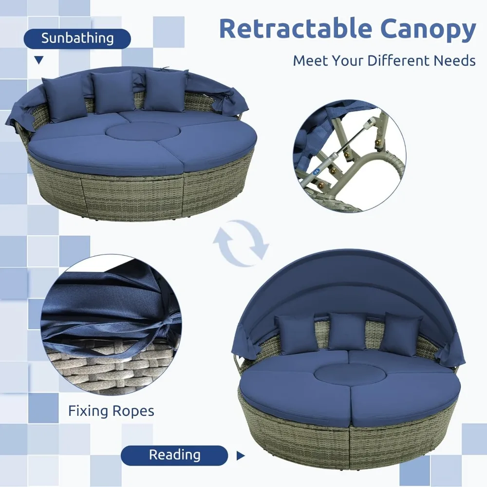 Round Outdoor Daybed, Wicker Rattan Sectional Sofa Set w/Retractable Canopy, Washable Cushions & Height Adjustable Co 4