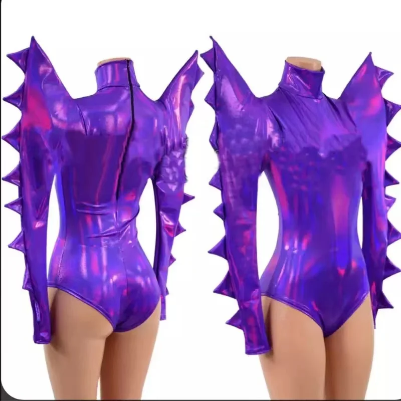 Dance Dress Women Dance Costume Stage Performance Costume Nightclub Ds Dj Gogo Wear Pole Dance Outfit Drag Queen Sexy Purple Laser Exaggerated Shoulder Bodysuit