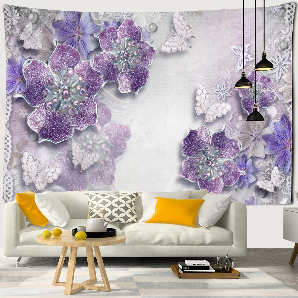

Nordic style Flower Butterflies Tapestry Bohemian Style Hippie Art Background Cloth Wall Hanging Room Bedroom Living Room Decor