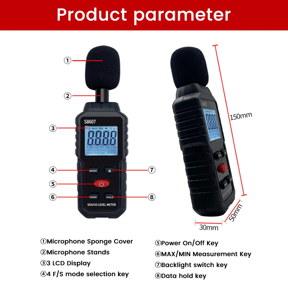 30-130dB Digital Audio Sound Level Meter DB Measuring Instrument Mini Sonometer Decibelimetro Portable Noise Decibel Monitor 6