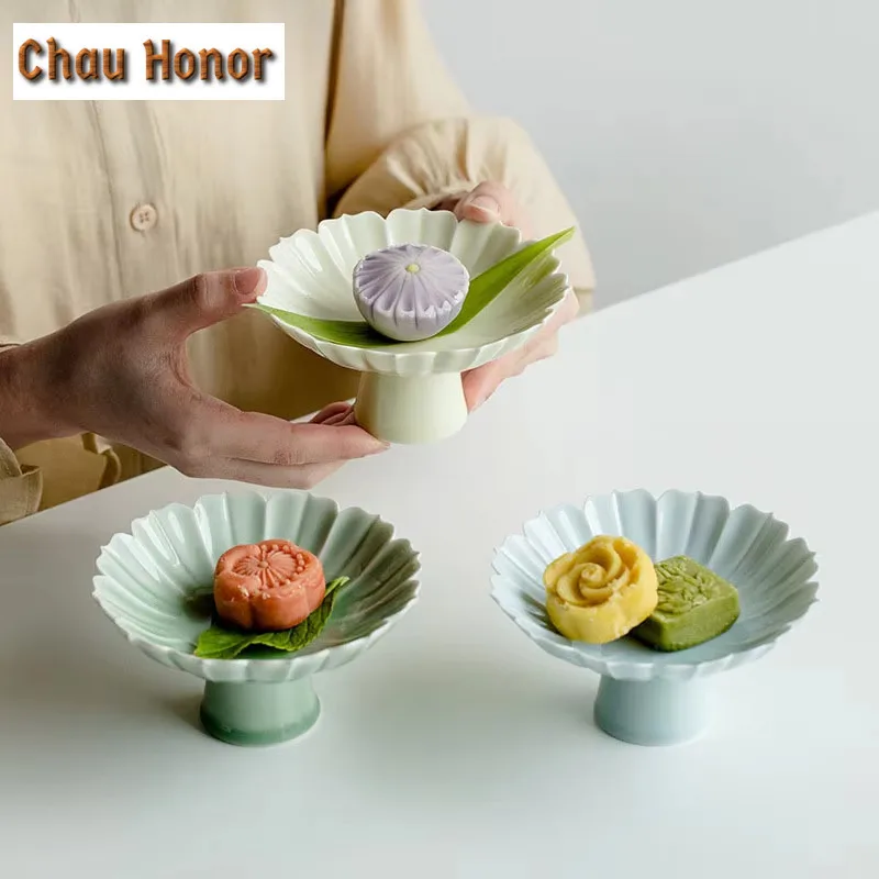 Creative Lotus Petal Ceramic Tea Plate Household High Foot Fruit Plate Snack Fruit Tray Dried Fruit Snack Plate Home Decoration