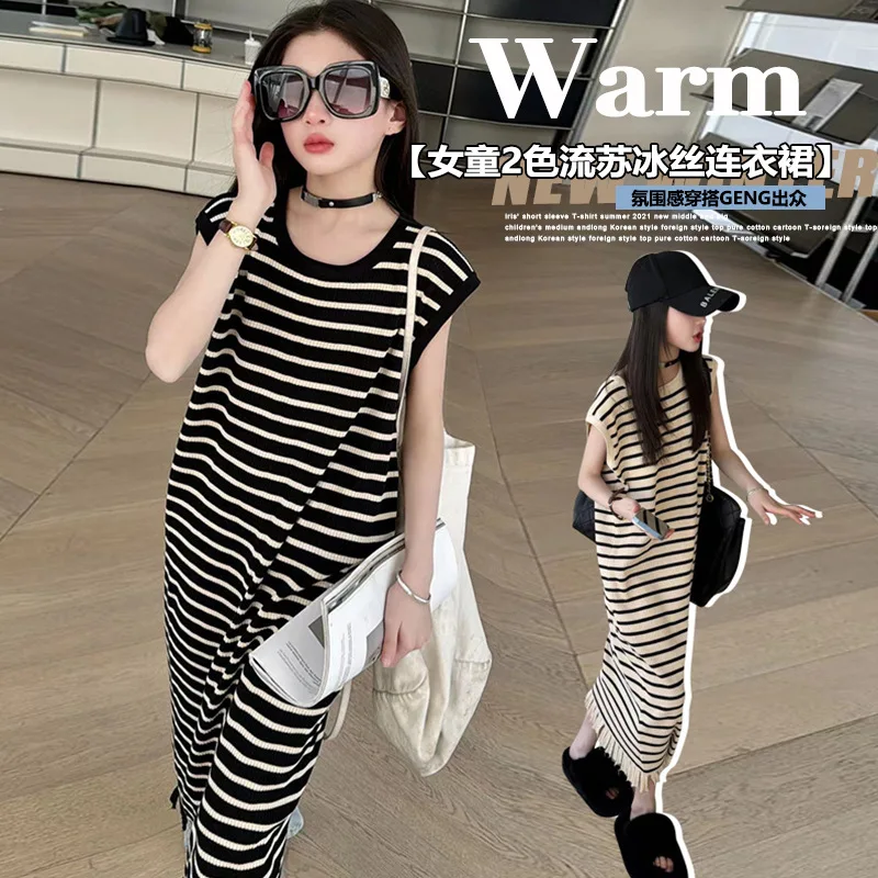 

Fashion Clothes Kids Dresses for Girls Summer Sleeveless Sundress Black and White Stripes Dress Mid-sized Child Dress Teenager