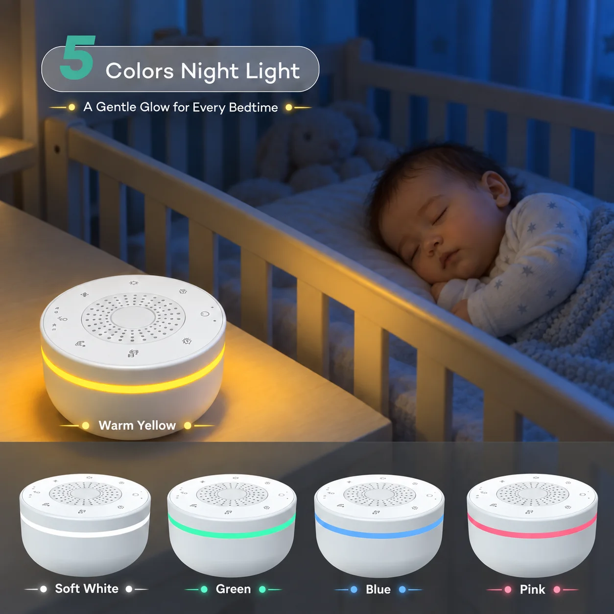 Portable White Noise Sleep Soother with Night Light - 30 Calming Sounds, Rechargeable, Timer & Child Lock Features