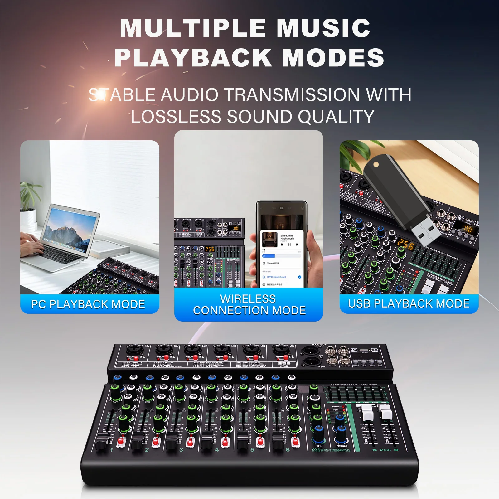 4/6 Channel Audio Interface Mixing Console 256-Bit DSP DJ Mixer Audio Reverb Effect+48V Phantom Bluetooth Mixer