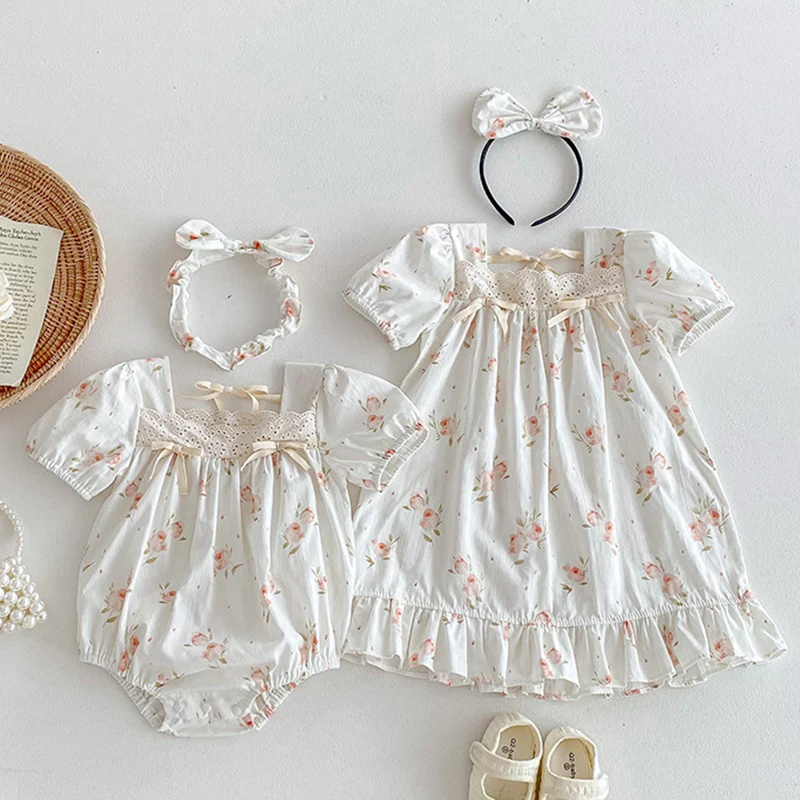 

2024 New Summer Sister Clothing Infant Baby Romper Baby Girl Party Dress Short Sleeved Cotton Print Kids Princess Dresses
