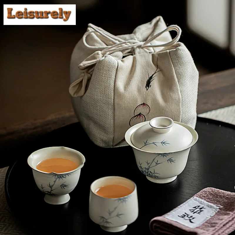 Japanese Powder Yin Hand-painted Bamboo Tea Set Kit 1 Pot 2 Cups Tea Making Outdoor Portable Travel Tote Cloth Bag Accessories