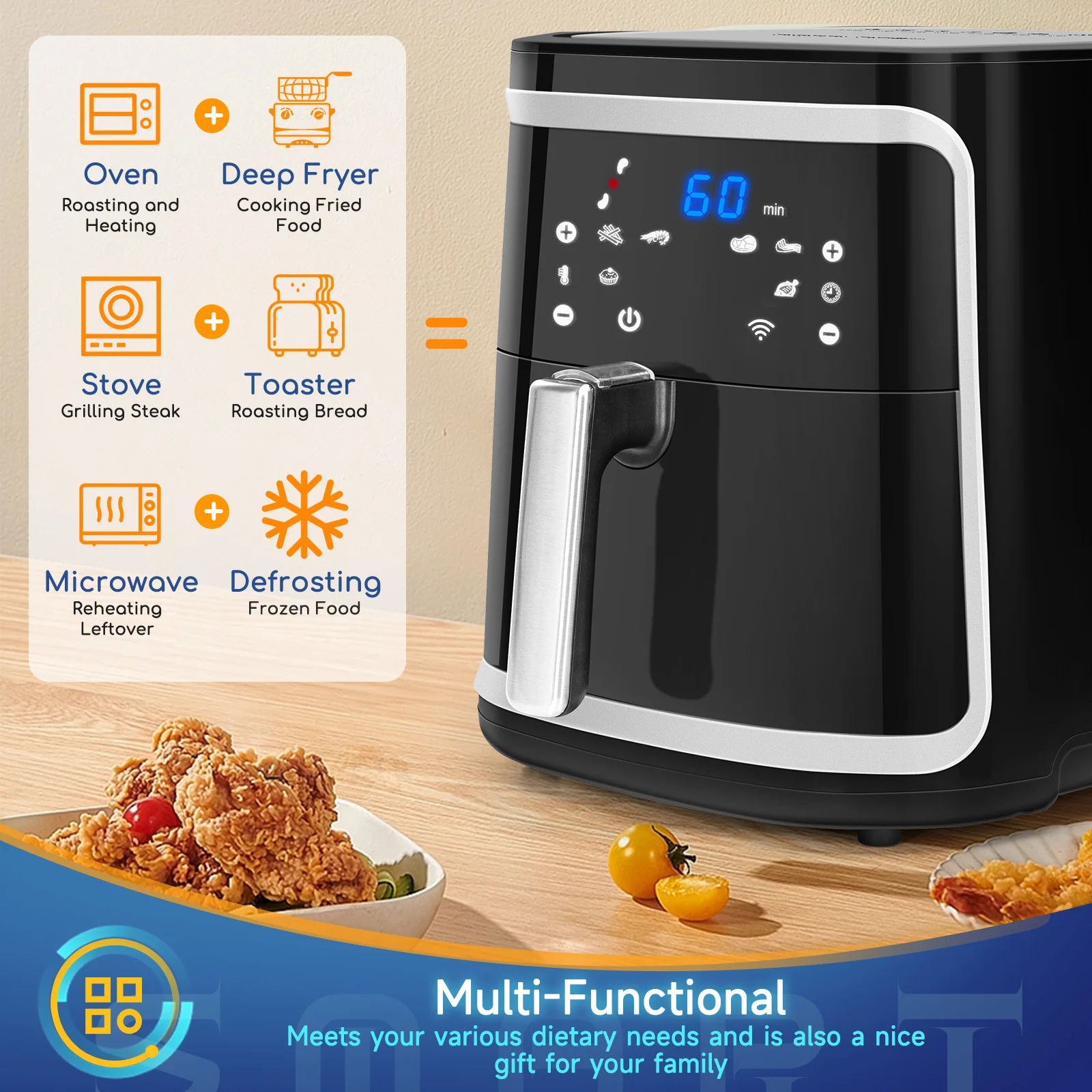 Freidora De Aire Aigostar 7L - 1900W, Sin Aceite, 7 Funciones Preprogramadas, Pantalla Táctil LED, Doble Uso (cesta O Cajón), Libro De Recetas Incluido