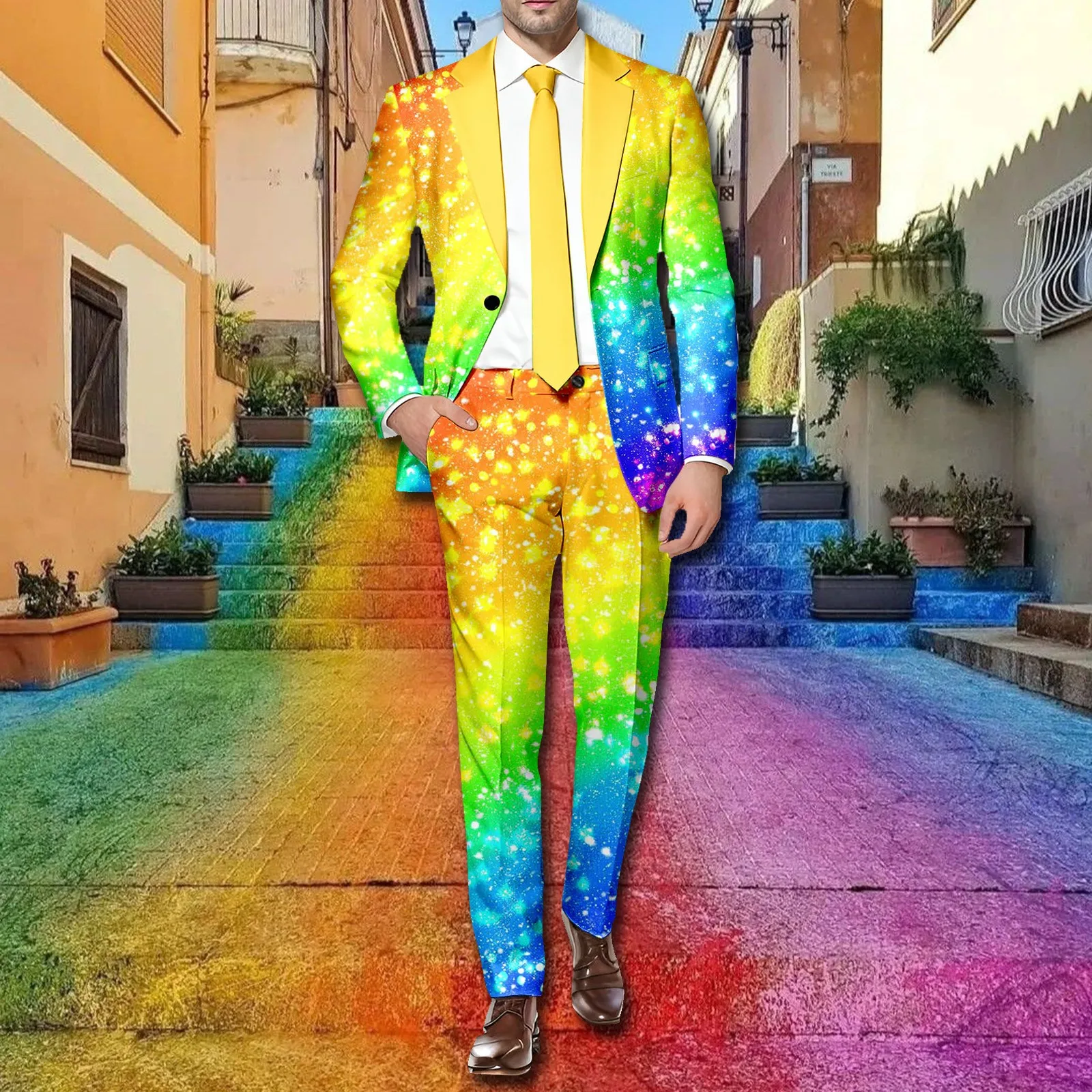 Stylish Rainbow Printed Men's Suit Set