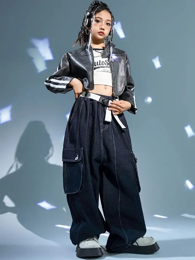 

Children's Leather Jacket Denim Wide Leg Pant Sets Girls Streetwear Fashion Jeans Short Coat Tracksuits Kids Costume Clothes