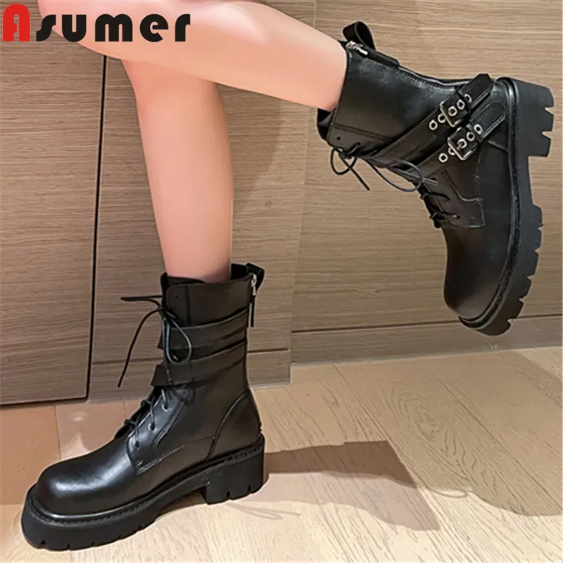 

ASUMER 2024 Big Size 33-42 New Patent Leather Boots Woman Square Med Heels Platform Shoes Spring Ladies Ankle Boots