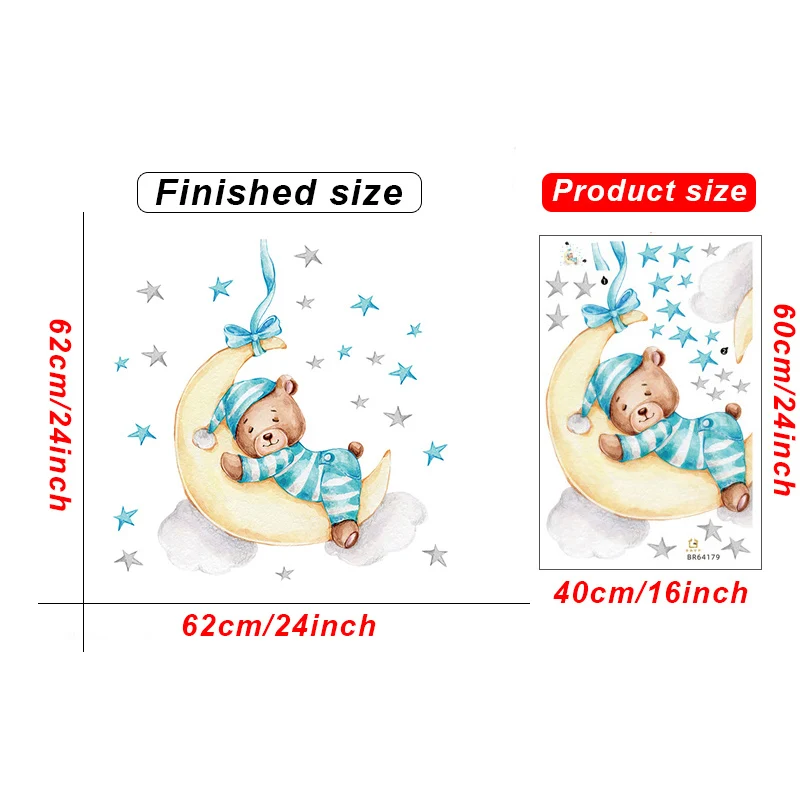 Sacinora Cute Sleeping Baby Bear Wall Stickers - Moon & Stars Nursery Decor, Removable Vinyl Decals