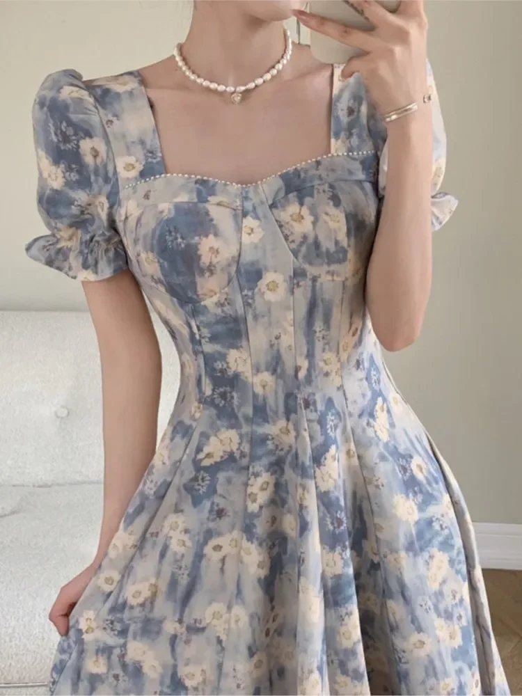 NMZM 프린트 여성 플러스 사이즈 원피스, 우아한 푹신한 반팔 스퀘어넥, 원피스 레트로 파티 미디 원피스, 여름 