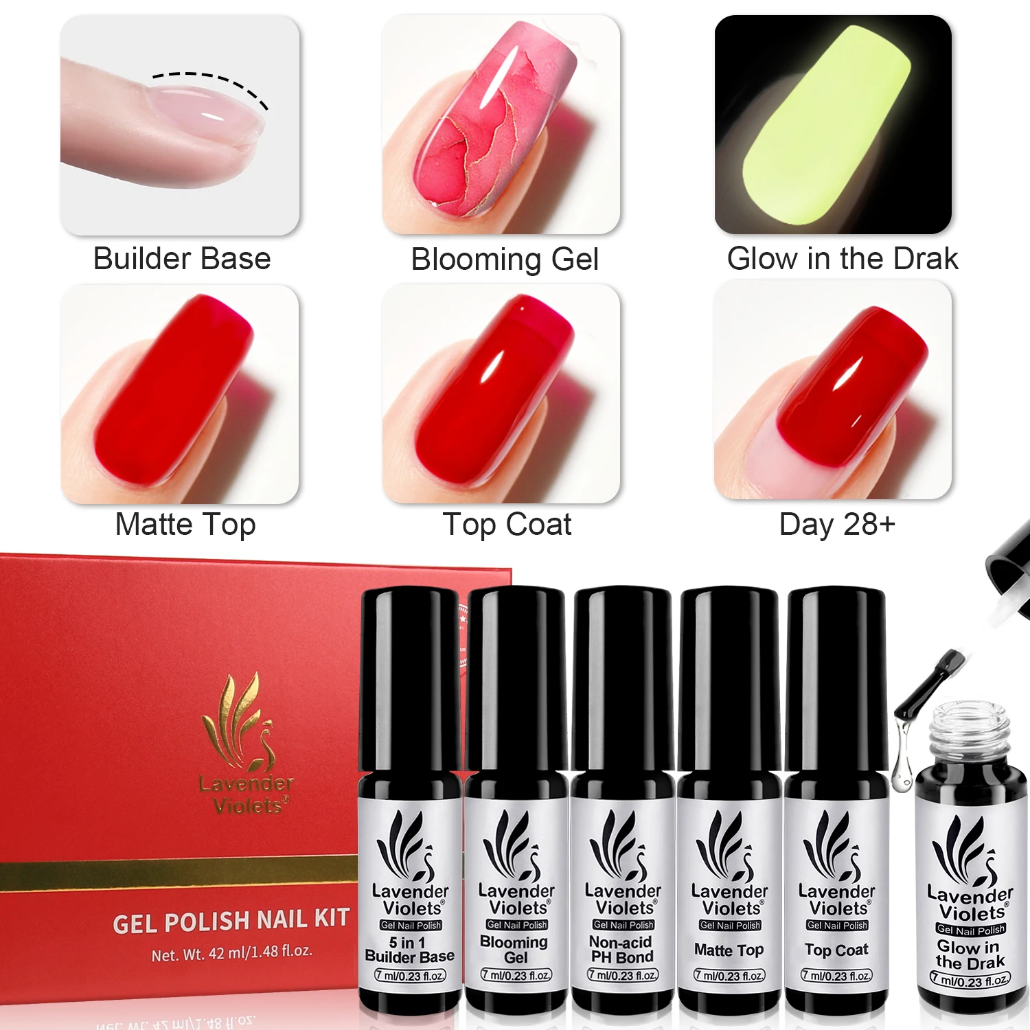 6pcs 7ml Base Top Coat Set 5 in1 Nail Glue Glow in the Dark Top Blooming Gel Nail Polish Bond for Art Manicure Salon Design